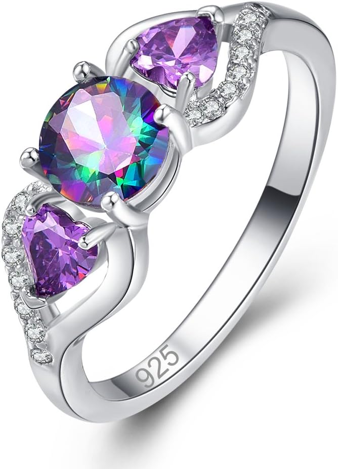 925 Sterling Silver Created Rainbow Topaz Filled 3 Stone Ring