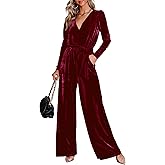 MASCOMODA 2024 Velvet Long Sleeve Wide Leg Jumpsuits for Women Dressy V Neck Belted Romper One Piece Fall Outfits with Pocket
