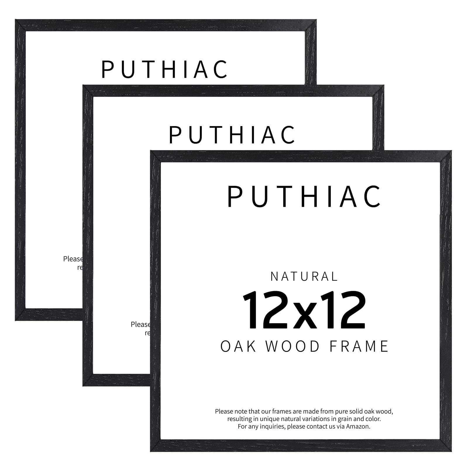 puthiac 12x12 Solid Oak Wood Picture Frame, Fits 8x8 with Mat or 12x12 Without Mat, Wall Display Only, Plexi Front, 3 Pack, Black Image