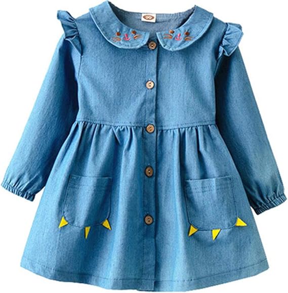 Amazon えみり ガールズ ワンピース デニム ロングスカート 長袖 刺繍 ベビー服 前開き 女の子 シャツワンピース プリーツ 春秋 コットン ポケット付き カジュアル 可愛い お洒落 ワンピース チュニック 通販