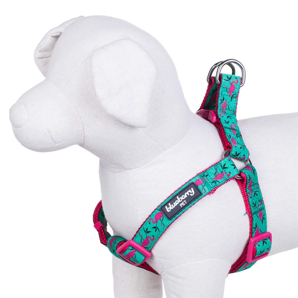 Blueberry Pet Step-in Pink Flamingo on Light Emerald Dog Harness, Chest Girth 67cm-98cm, Large, Adjustable Harnesses for Dogs