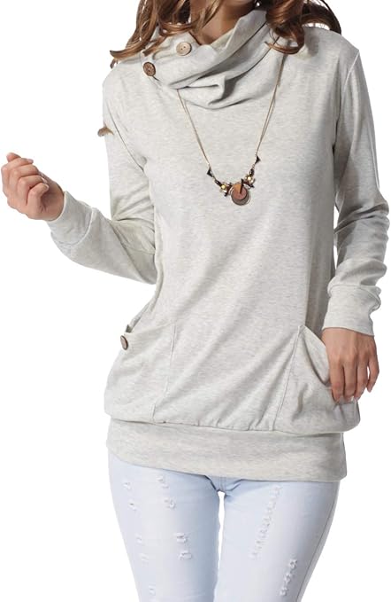 levaca Womens Tunic Long Sleeve Cowl Neck Casual Slim Fit Tops Shirts Gray S