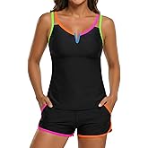 Aqua Eve Tankini with Shorts - 2 Piece Tummy Control Swimsuit V-Wire Tank Top with Boyhorts Bathing Suit with Side Pockets