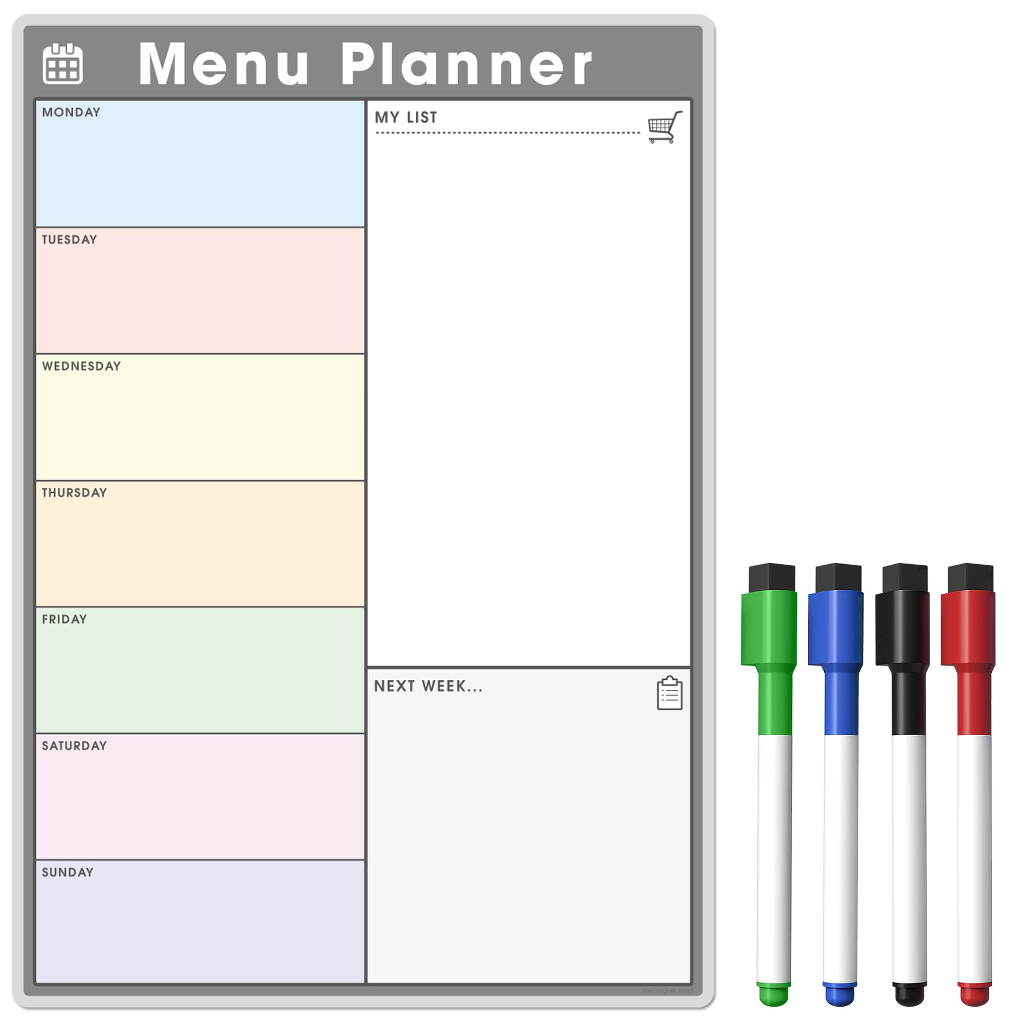 TMS Weekly Meal Planner for Fridge | Magnetic Whiteboard Calendar and Shopping List | Dry Wipe Memo Board for Kitchen | Made in The UK (A4 (30 x 21cm), ‎Colour/Grey)