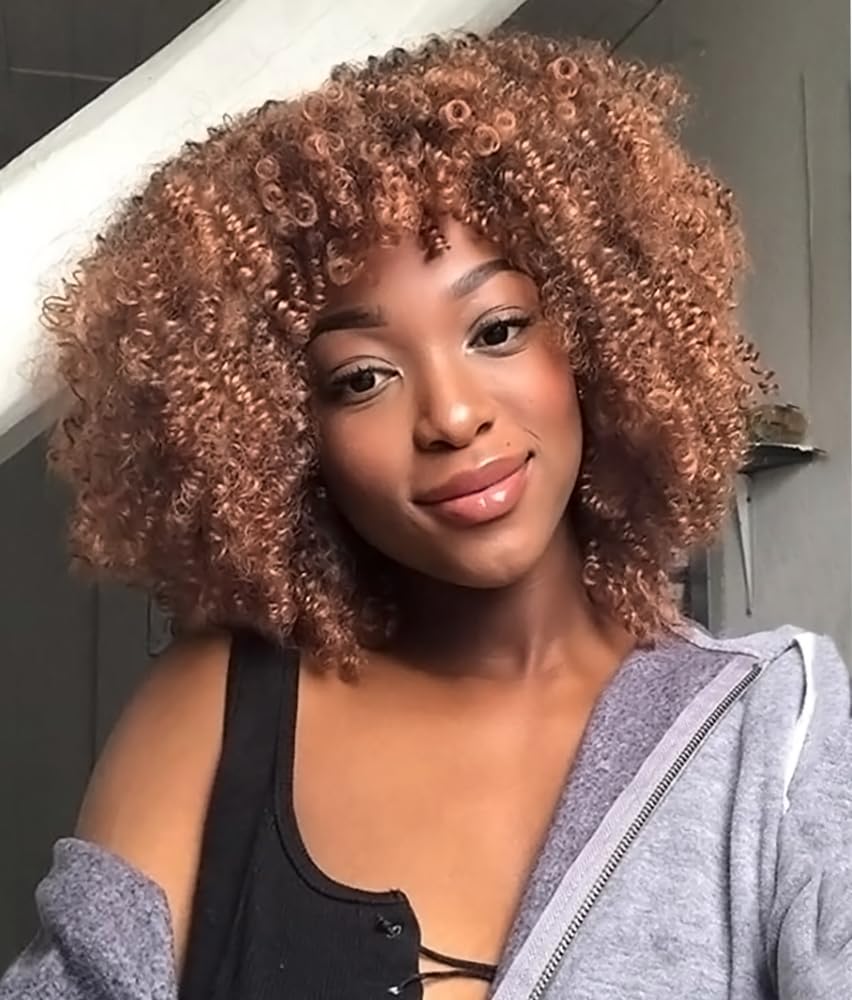 PORSMEER Curly Afro Wigs for Black Women Short Kinky Curly Wigs with Fringe Premium Synthetic Hair Full Fluffy Brown Wig for Ladies Daily Wear or Cosplay Party,14inch — image 1