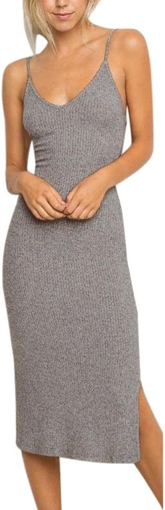 Women Gray Dress Womens Sleeveless Strappy Tank Dress Slim Rib Knit Split Party MiDi Dress