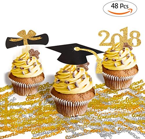 Pack of 48 Graduation Cupcake Toppers 2018 Graduation Party Favors and 1 Oz Gold Silver Congratulation Confetti Graduation Party Table Centerpieces for Party Decoration
