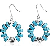 Teppdfann Turquoise Dangle Earrings for Women – Silver Boho Drop Earrings with Turquoise Jewelry Beads & Silver Geometric Accents, December Birthstone Earrings for Gift
