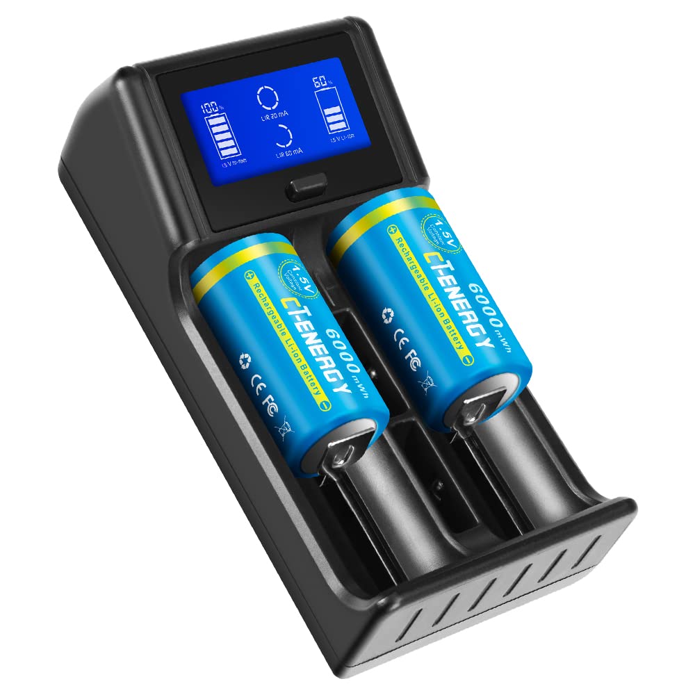 Lithium C Batteries Rechargeable 1.5V with C Flashlight Battery Charger 2 Pack