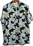 Mens Hawaiian Silk Camp Shirt Black Blue Hibiscus Casual