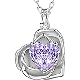 Aurora Tears Birthstone Rose Heart Pendant Necklace - 925 Sterling Silver Rose Cut Cubic Zirconia Love Necklace Anniversary Birthday Jewelry Gift for Women Wife Mom Daughter