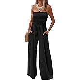 AUXDIO Womens Casual Strapless Summer Jumpsuits Loose Off Shoulder Smocked Sleeveless Wide Leg Romper with Pockets