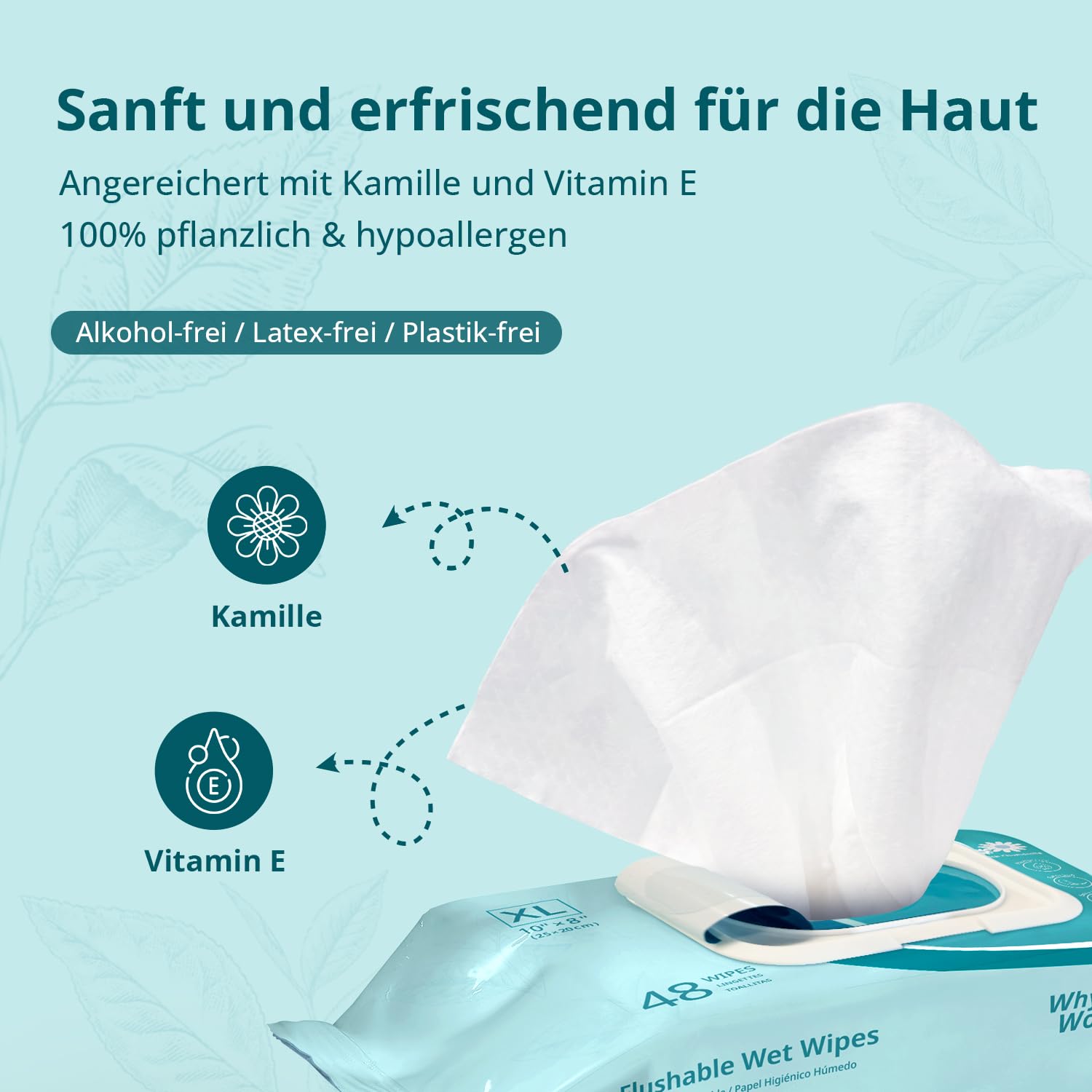WhyWorry Feuchtes Toilettenpapier Spülbar, 20x25cm Extra Groß Feuchttücher Toilette mit Kamille & Vitamin E, Reinigungstücher für Erwachsen, 100% Pflanzlich, Wiederverschließbar, Parfümfrei, 144 Stück 4