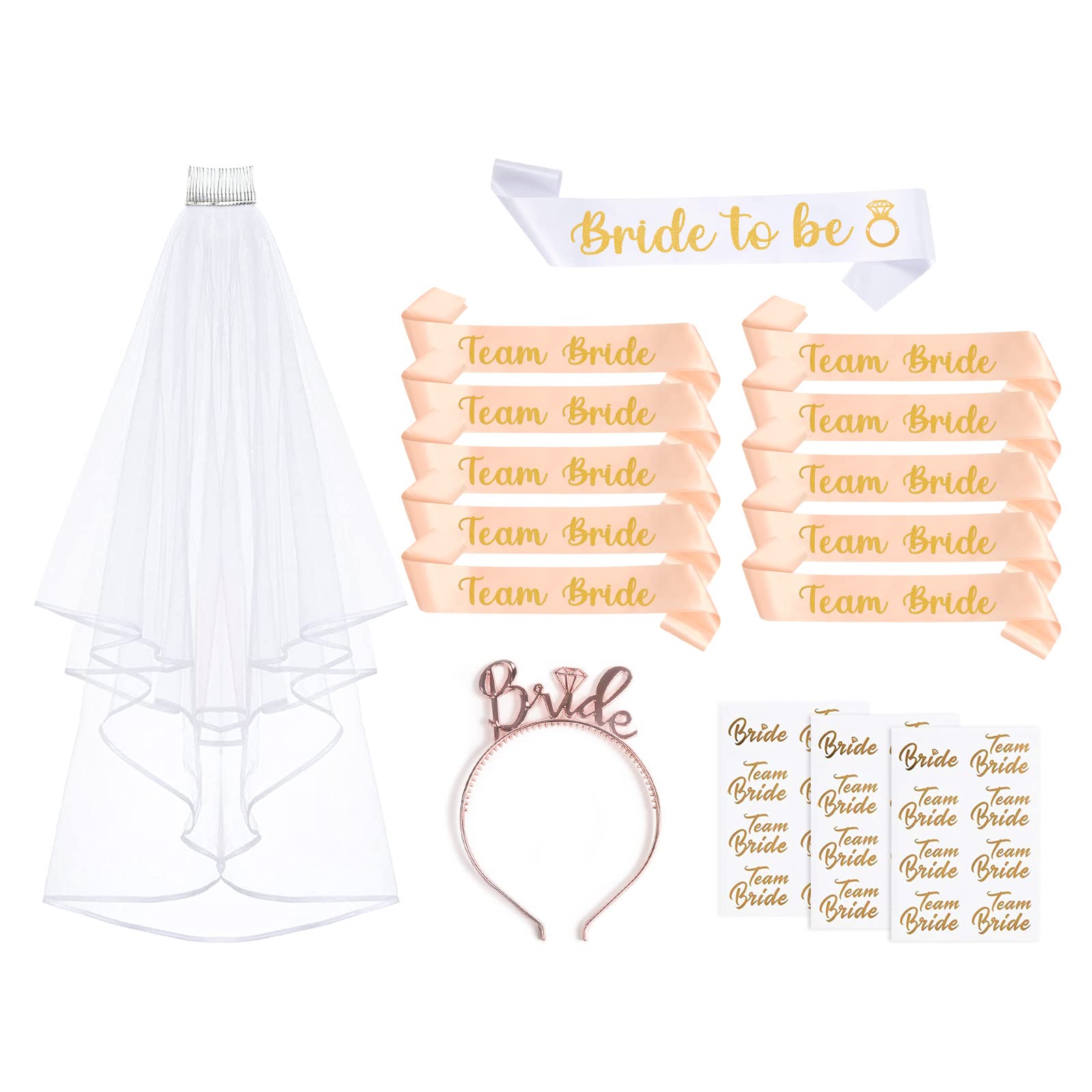 Shining She 16 PCS Hen Party Accessories, Hen Do Accessories with Bride to be Sash, Team Bride Sash, Bride Tattoos, Bridal Veil, Bride Headband Tiara for Bridal Shower Hen Party Wedding Engagement — image 1