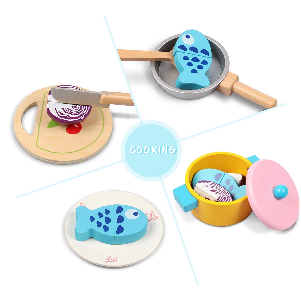 Lydaz Kids Cooking Set, Wooden Kitchen Pretend Play Toys with Cookware Utensils Pots and Pans Set, 11 PCS Play Kitchen Toy Accessories Cutting Magnetic Play Food for Toddlers Girls Boys