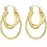 FILMOON Layered Gold Hoop Earrings for Women 18K Gold Plated Triple Hoops Thin Intertwined Hoop Chic Statement Jewelry