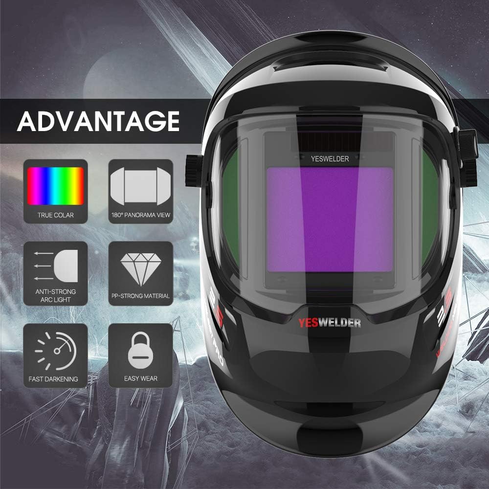 YESWELDER Large Viewing True Color Solar Powered Auto Darkening Welding Helmet with SIDE VIEW, 4 Arc Sensor Wide Shade 4/5-9/9-13 Welder Mask for TIG MIG ARC Grinding Plasma LYG-Q800D - - 