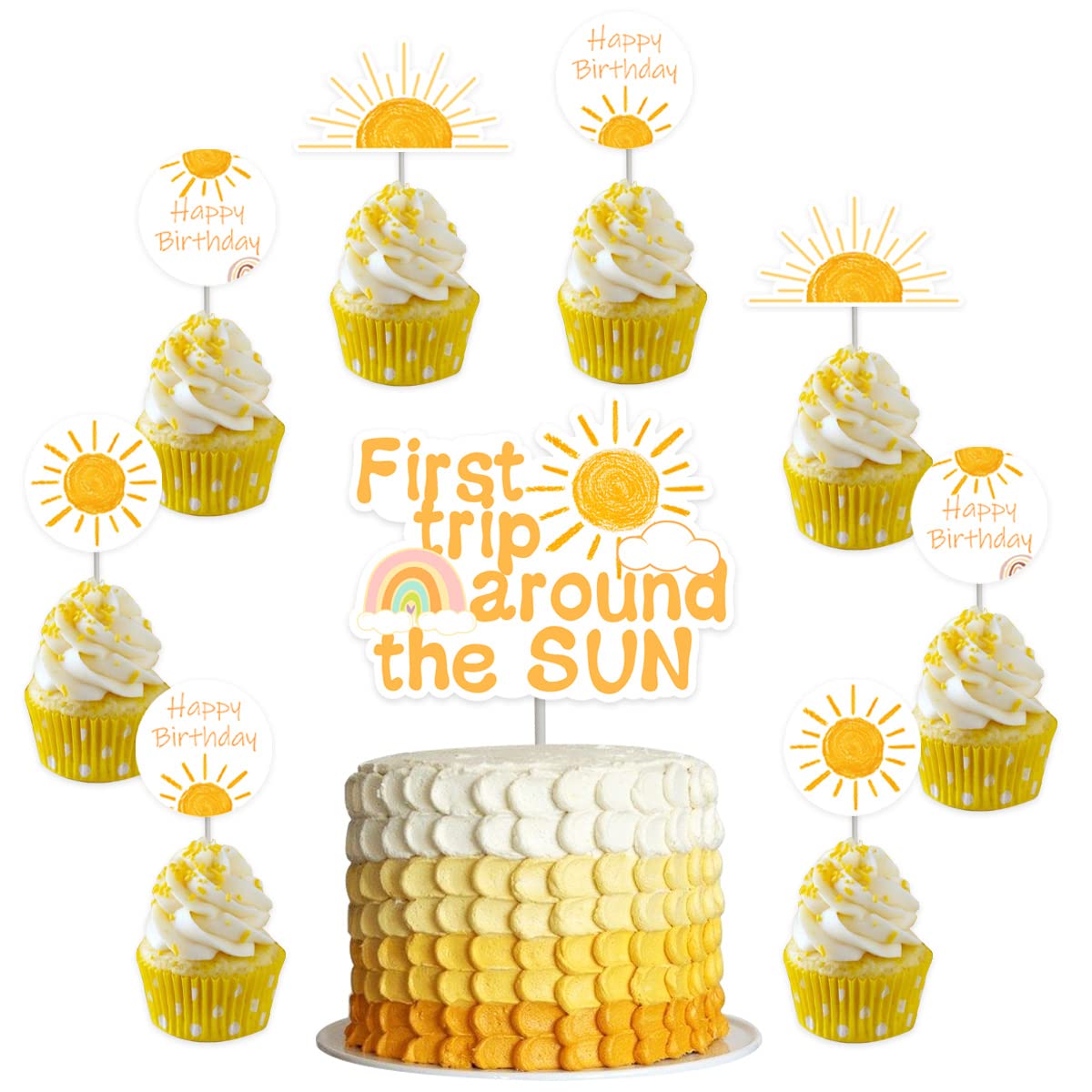 First Trip Around The Sun Cake Topper Sunshine Cupcake Toppers Double Sided - Outer Space 1st Birthday Decorations for Boys Girls, Sun 1st Birthday Party Supplies