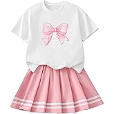 Ecolala Girls 2 Piece Summer Outfits Cute Graphic Short Sleeve Tops and Pleated Skirt Set
