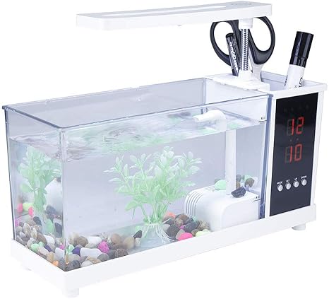 Amazon Co Jp ミニ水槽 多機能水槽ミニledライトusb水槽水族館 時計機能付き家庭用水族館用多機能 白い ホーム キッチン