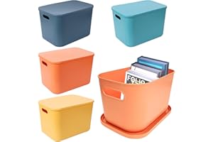 4 Pack Colorful Plastic Storage Bins with Lid and Handle,Stackable Storage Box Basket Containers,Stackable Desktop Storage Bo