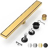 DLONE Linear Shower Drain | 24" AISI 304 Stainless Steel Shower Drain, Brushed Gold Linear Drain with Tile Insert Panel & Adjustable Feet, Long Rectangle Shower Floor Drain in Bathroom, Balcony etc