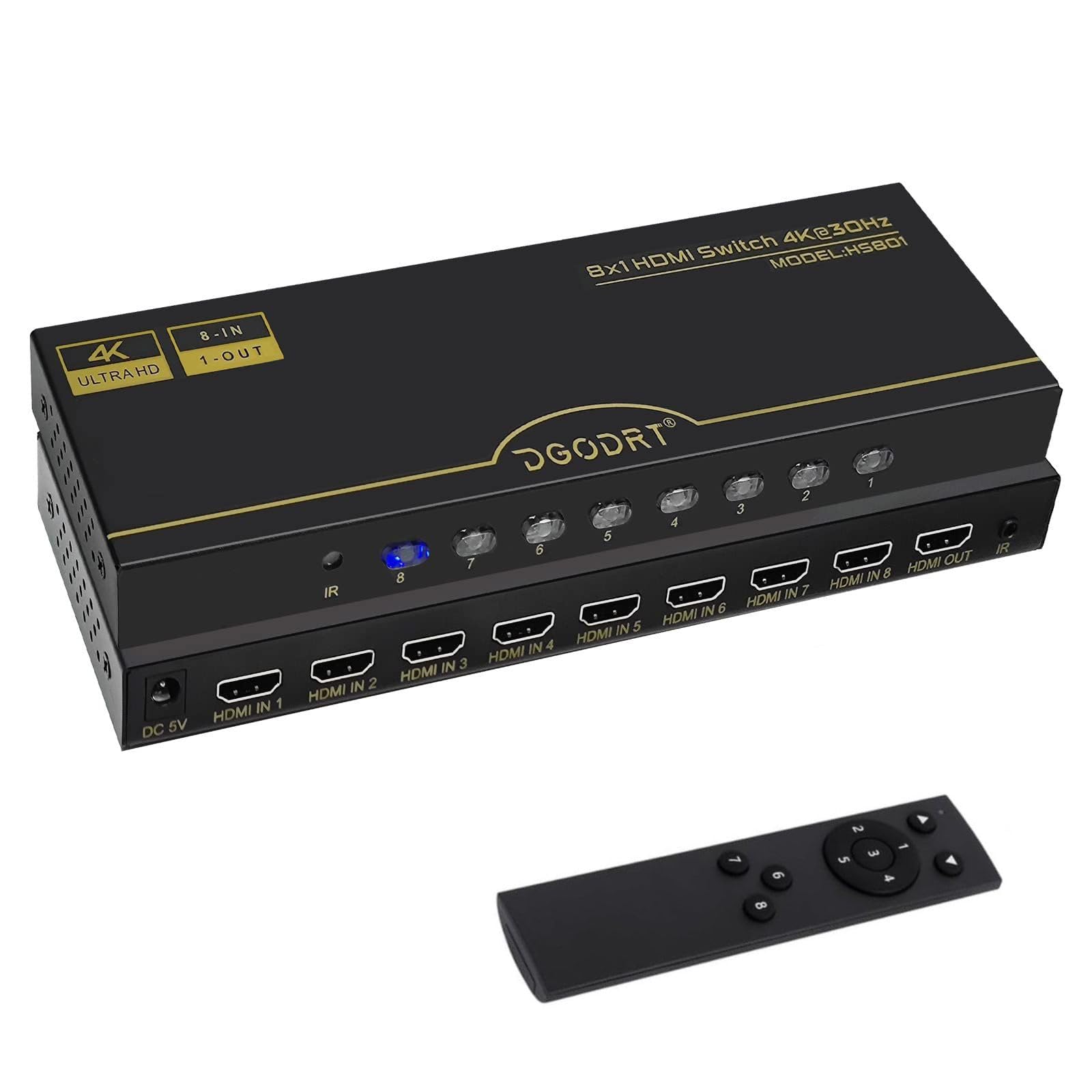 HDMI Switch 8 in 1 Out 4K@30Hz, 8 Port HDMI Switcher Selector Box with Remote and Auto Switch, Support 3D HDR10 HDCP2.2, 8x1 Game Switcher Hub Compatible with PS5 Xbox Nintendo Switch Roku Fire Stick