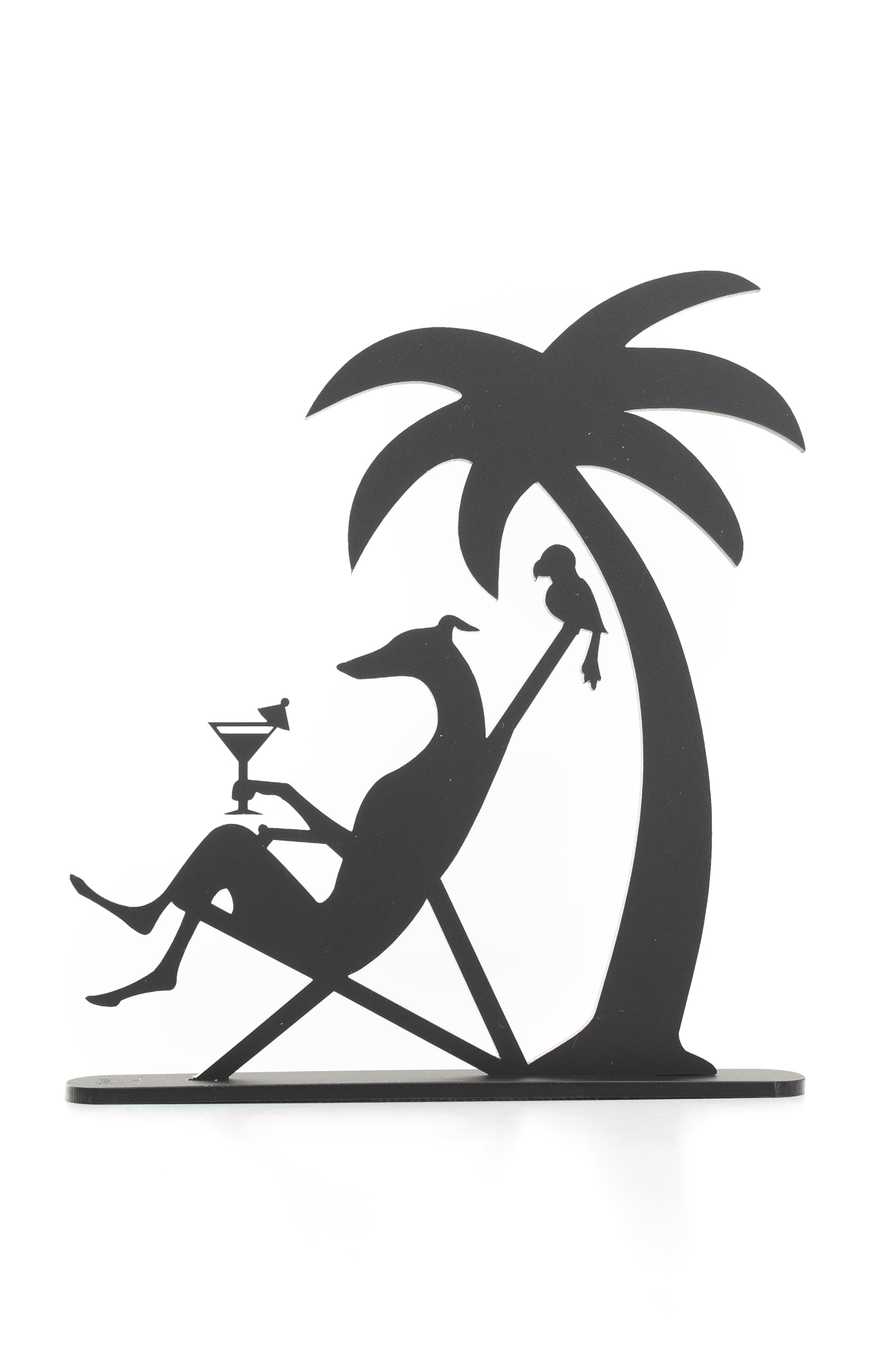 Whippet/Greyhound Silhouette Ornaments, various designs including Whippet on a motorbike, Whippet on holiday and racing whippets. Laser-Cut Acrylic. (Deckchair acrylic)