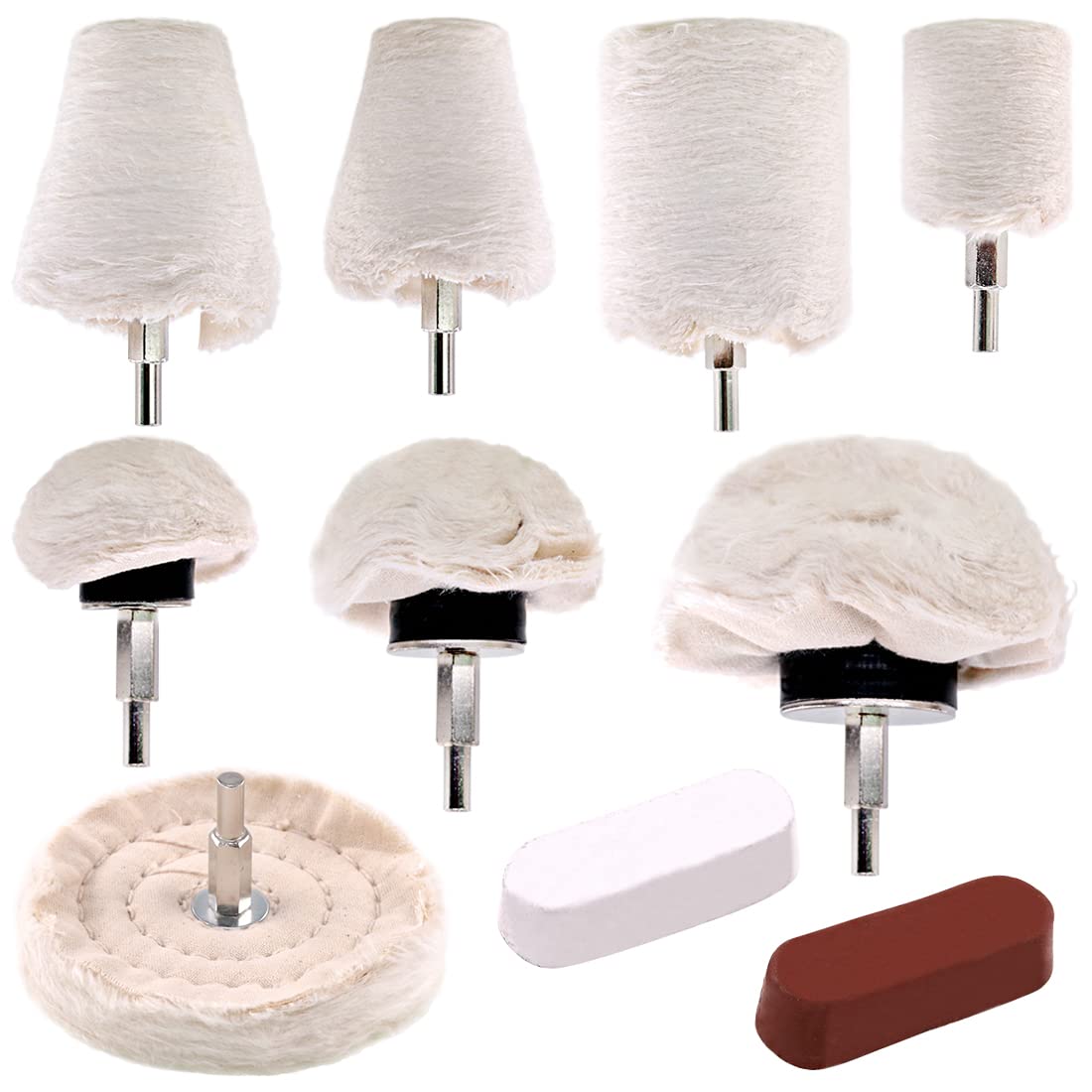 Swpeet 10Pcs Buffing Polishing Wheels with Polishing Compounds Kit, White Flannelette Polishing Mop Wheel Cone + Column + Mushroom + T-Shaped Polishing Wheel Grinding Head with 1/4 Handle