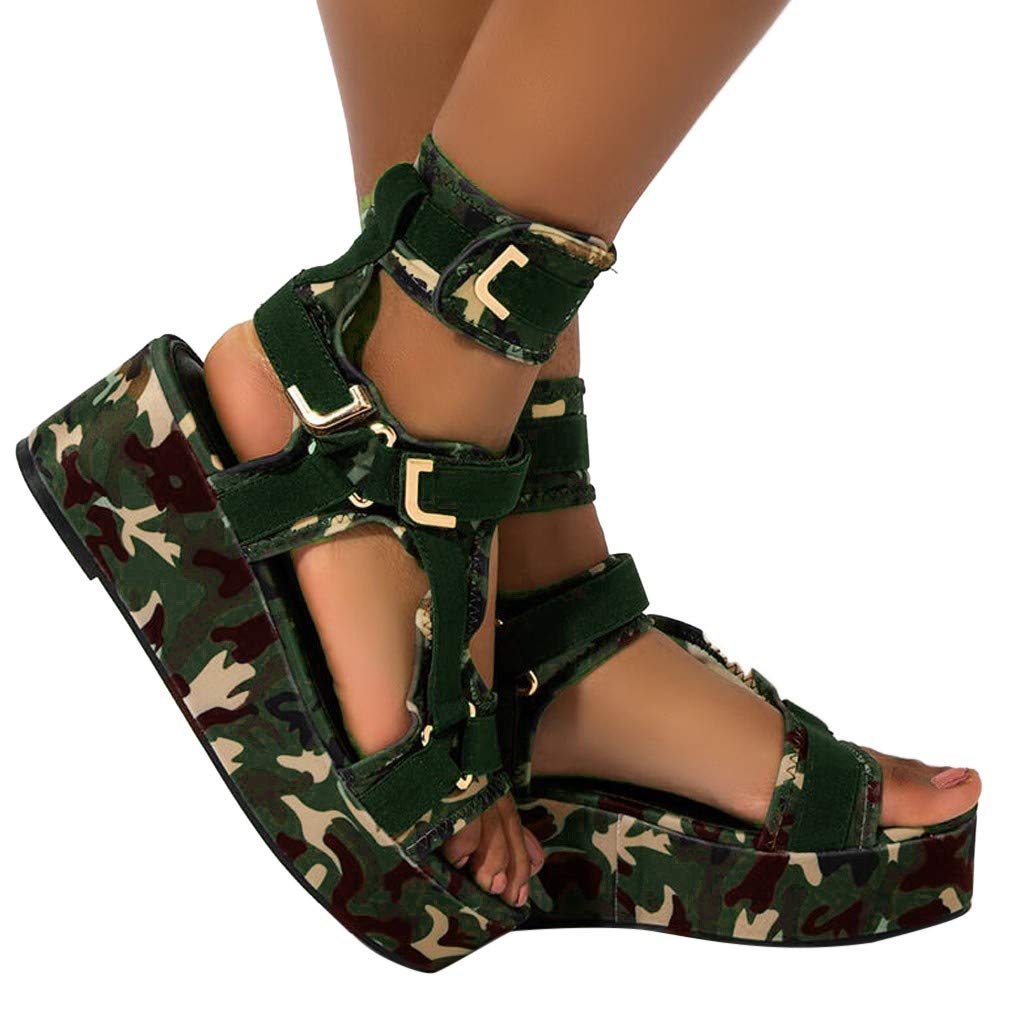 Sandals for Women Wedge,2021 Fashion Rainbow Ankle Buckle Sandals Summer Beach Sandals Open Toe Espadrille Platform
