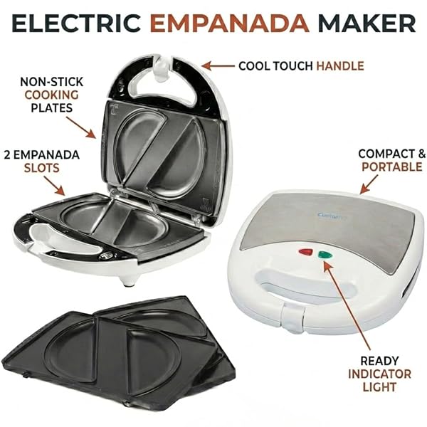 ELECTRIC EMPANADA MAKER MACHINE W DOUGH CUTTER & NONSTICK PLATES- EASIER THAN PRESS & MOLDS- HOMEMADE LATIN TURNOVERS, HAND PIES, DUMPLINGS, STUFFED PASTRIES W BONUS CHURRO PLATES, MAKE DESSERT & APPS