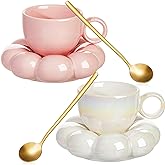 Tessco 2 Pieces Ceramic Coffee Cloud Mug Cup with Saucer, 7oz Cute Ceramic Mug with Coaster Set for Women Gift Home Office Tea Latte Milk Holiday, Pink and Pearl White(Sunflower)