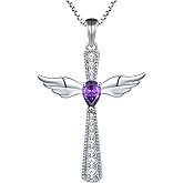 YL Cross Necklace 925 Sterling Silver Angel Wings Pendant Teardrop Birthstone Criss Jewelry for Women
