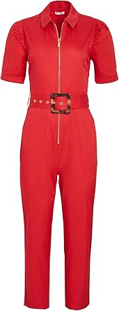 red belted jumpsuit
