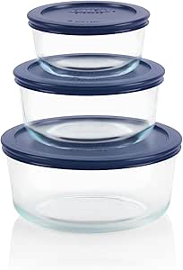 Pyrex Circular Glass Storage Container Set with Lids | 6 Piece Simply Store Meal Prep Glass Food Storage Containers | Microwave, Dishwasher, and Oven Safe | BPA Free Lids | Proudly Made in the USA