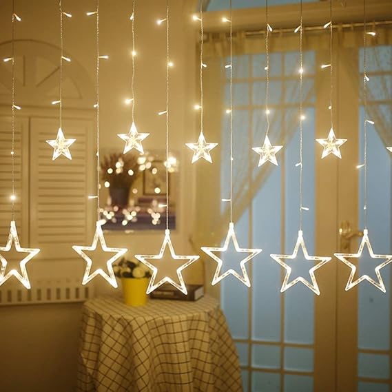 RaajaOutlet Plastic 138 LEDs Star Standard Curtain String Lights with 8 Flashing Modes for Holiday Festival Christmas Party Decoration (Warm White)