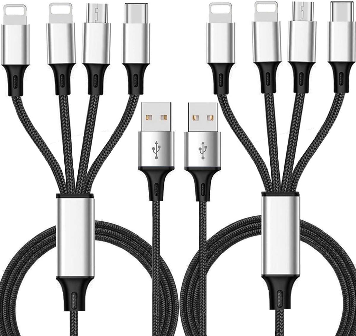 Multi Charger Cable ThinkANT 2Pack 5FT Nylon Braided Universal 4 in 1 Multiple USB Charging Cord Adapter with 8Pin Plug x2/Type C/Micro USB Port Connectors for Mobile Phones Tablets and More