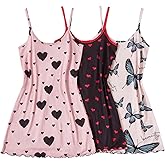 Milumia Women's 3 Pack Heart Print Nightgowns Spaghetti Strap Lettuce Trim Mini Night Dress Sleepwear