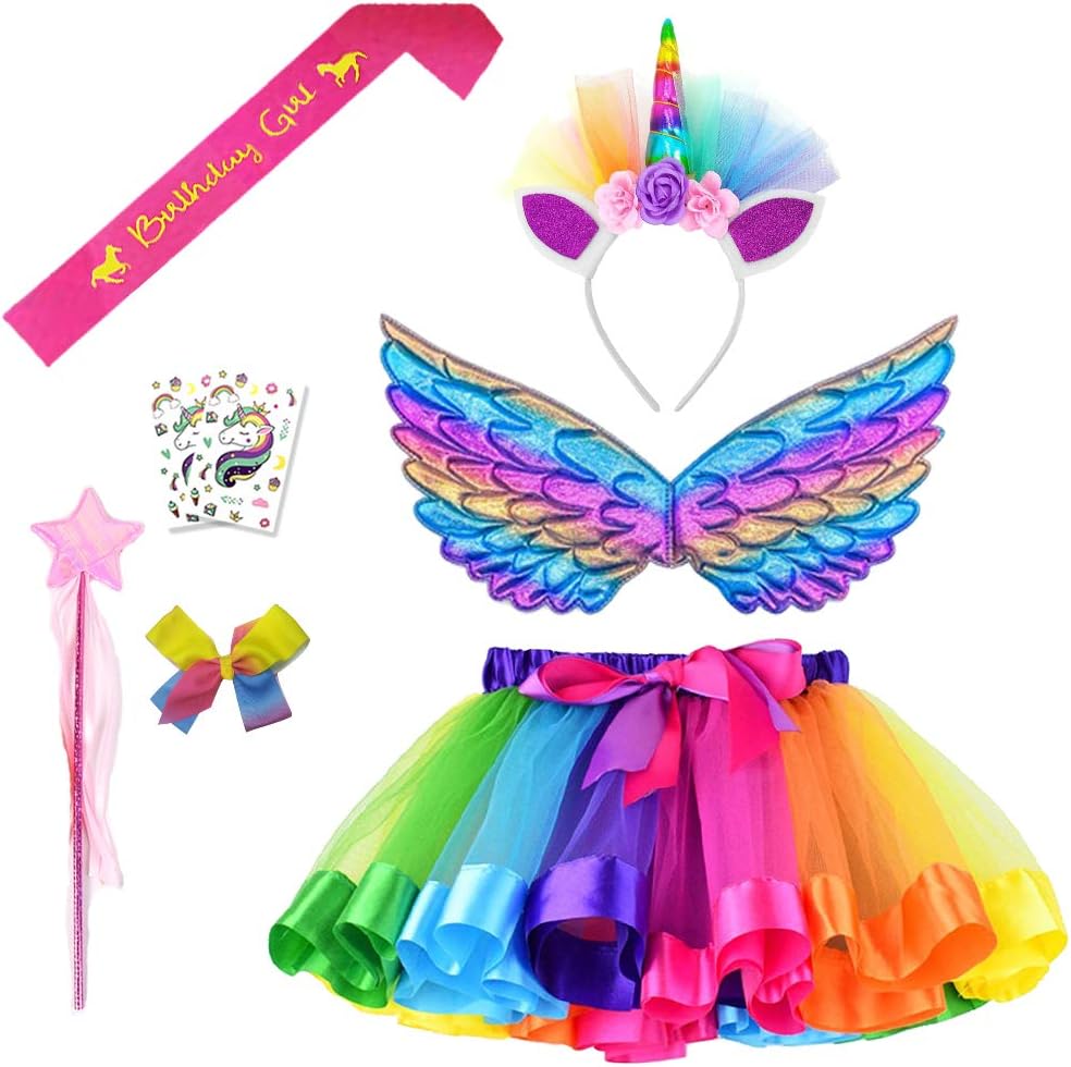 Tutus for Girls Rainbow Tutu Unicorn Skirt Set for Little Girls Dress Up with Unicorn Headband and Wings