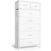 Mifuro Tall Dresser for Bedroom, Vertical Storage Organizer Tower with 7 Drawers, Chest of Drawers with Fabric Bins, Steel Frame, Wood Top for Bedroom, Closet, Entryway- White