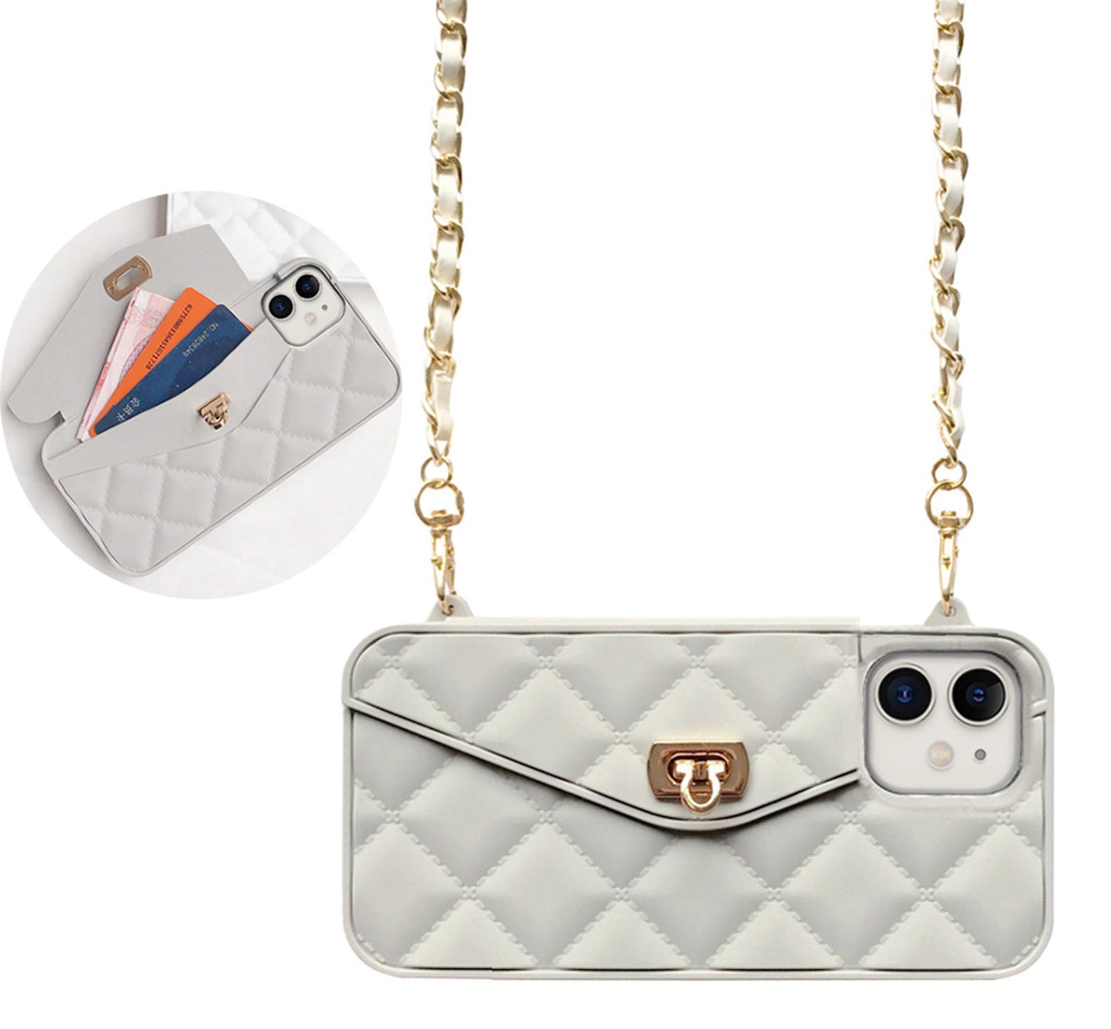 UnnFiko Wallet Case Compatible with iPhone 11, Cute Light Luxury Bag Design, Purse Flip Card Pouch Cover Soft Silicone Case with Handstrap Long Shoulder Strap (Gray, New iPhone 11)