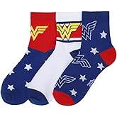 Bioworld Wonder Woman Logo Red White and Blue Athletic 3-Pack Quarter Crew Ankle Socks