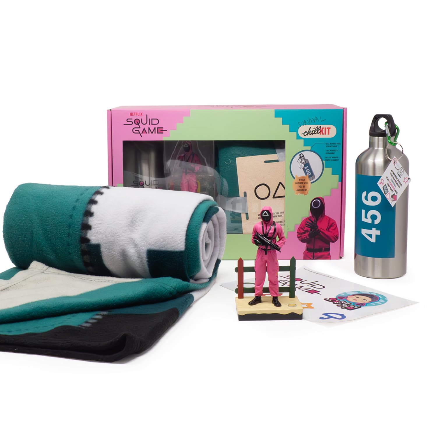 Neamedia Icons Netflix Chill Kit - Squid Game, Official license, Comfort blanket, Collectible figurine, Stainless steel water bottle, Stickers board, Geek gift idea for fans