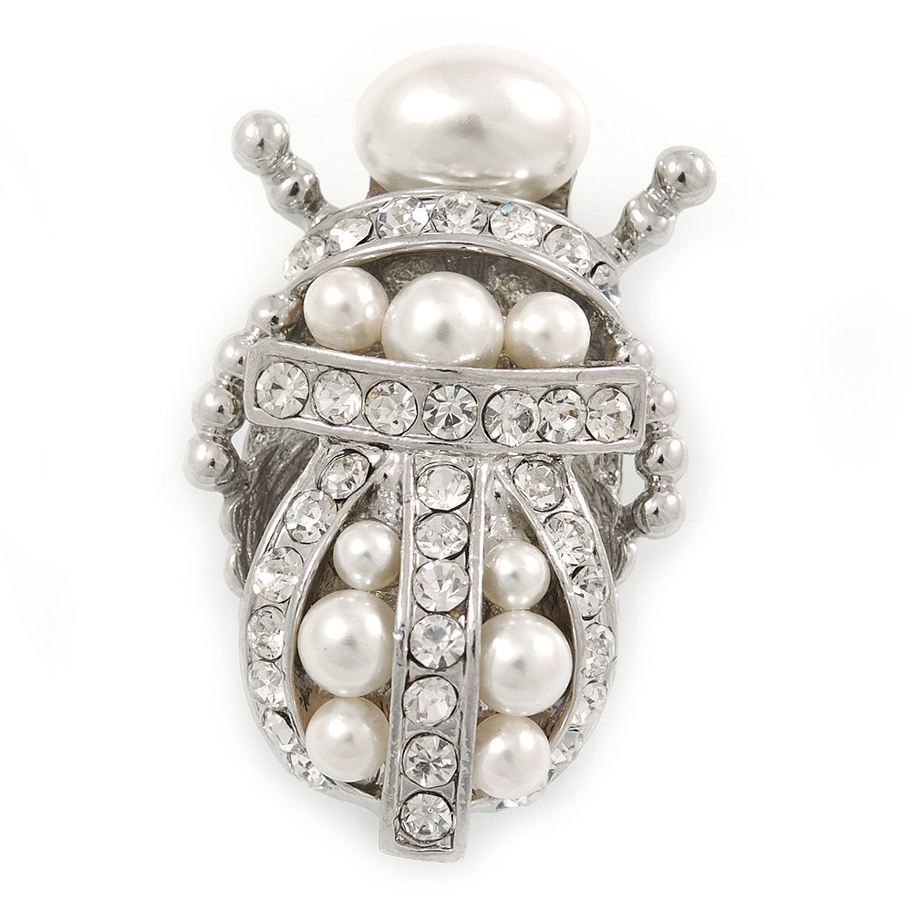 Clear Crystal/Simulated Pearl Egyptian 'Scarab' Beetle Brooch In Rhodium Plating - 45mm L