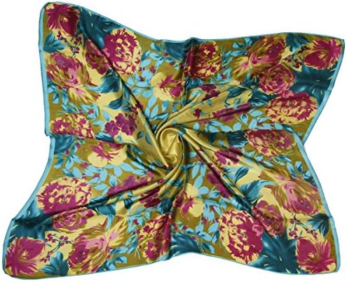 ETSYG 32'' Silk Scarf Women’s Rose Flower Green Pattern Large Square Satin Headscarf Headdress