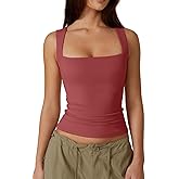 QINSEN Women's Square Neck Sleeveless Double-Layer Tank Tops Basic Tight T Shirts