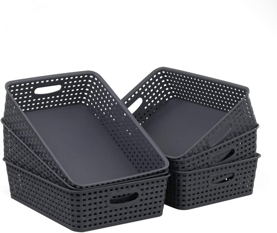 Yarebest 6 Packs Grey Woven Storage Baskets, Plastic A4 Shallow Tray Basket - Image 3