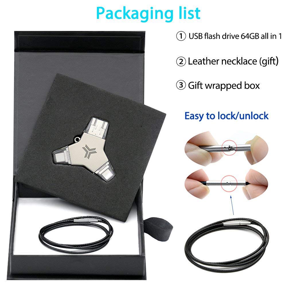 USB C Flash Drive 64GB USB 3.0 Compatible iPhone XR Xs Max iPad iMac Memory Stick Extension Storage Multi Ports Computer Samsung LG Android Smart Phone (64G, USB+Type C+iOS)