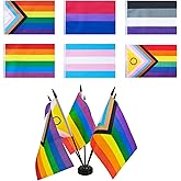JBSJBS Pride Gay Desk Flag 12" Solid Pole Deluxe Set Rainbow Flags Banner Mini Small LGBTQ Office Table Flags with Black Stand Base Desktop Decorations(6Pack)