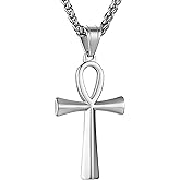 HZMAN Men's Stainless Steel Coptic Ankh Cross Religious Pendant Necklace, 22+2" Rope Chain